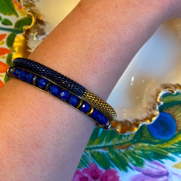 Vintage Brassy Gold & Blue Vintage Boho Luxe Bangles - Picture 2 of 9